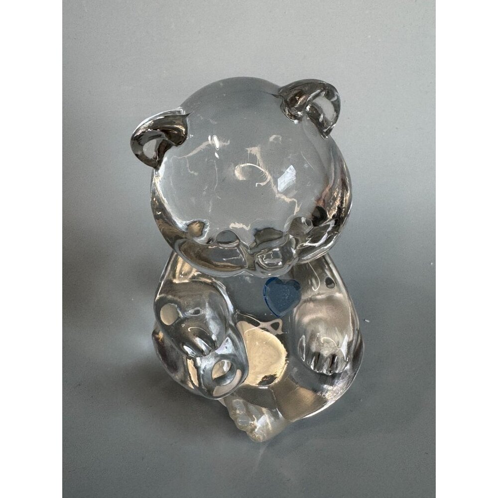 Fenton Teddy Bear Clear Glass Blue Heart Paperweight Figurine Signed - Picture 8 of 10